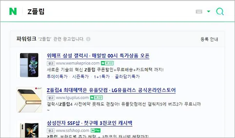 네이버 검색 결과의 파워링크 광고 영역